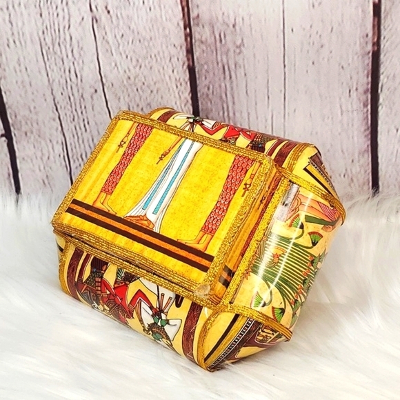 Vintage 90s Egyptian Pharaoh Cleopatra Hieroglyphics Paper Material Trinket Box - Picture 13 of 17
